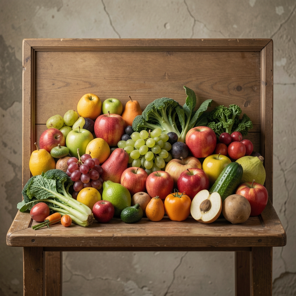 Istorijska ilustracija iz nutritivnog istraživanja dvadesetog veka sa prikazom voća i povrća na tabli, arhivski stil