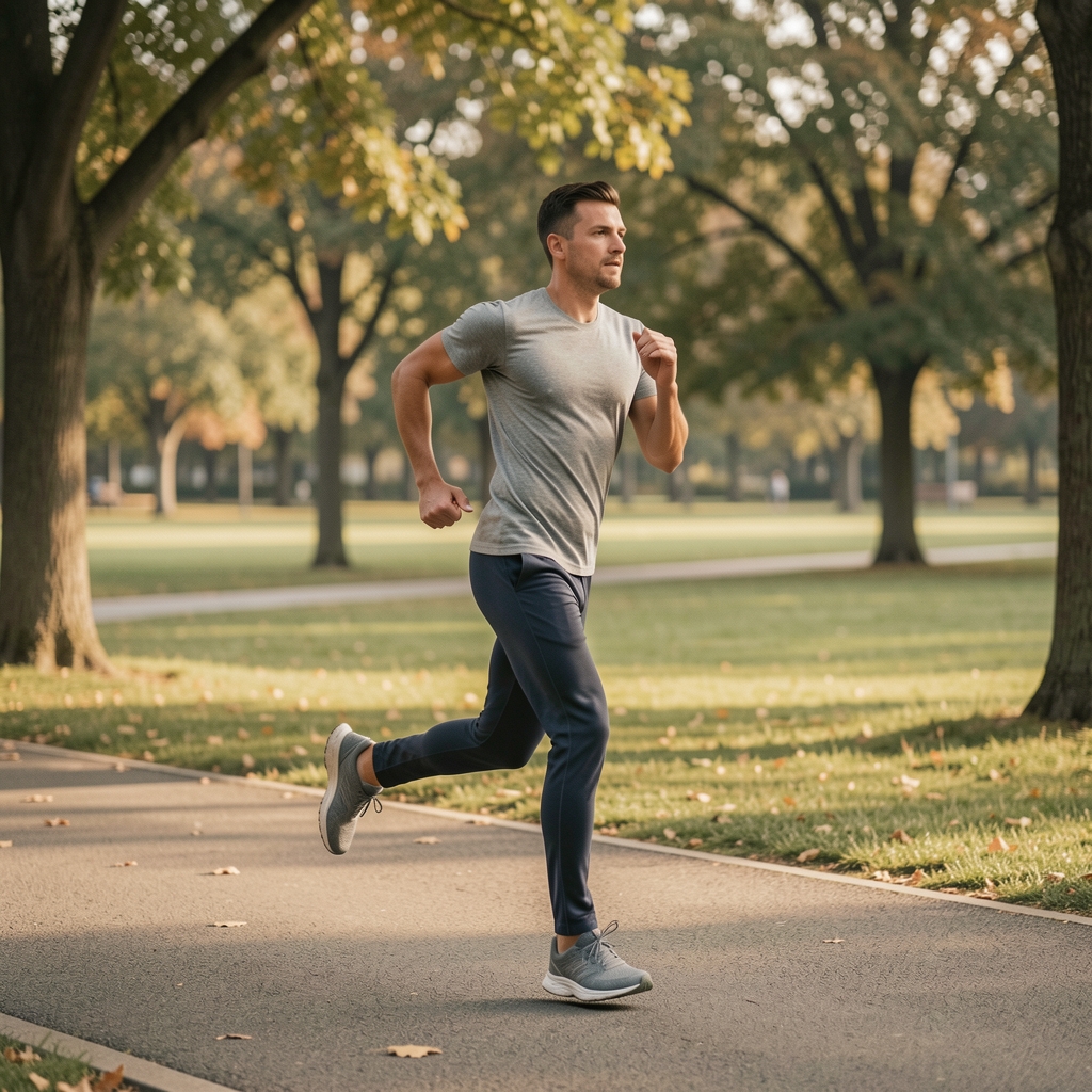 Muškarac koji trči u parku uz aleja drveća u jutarnje vreme, dokumentarni neutralni kadar fizičke aktivnosti na otvorenom