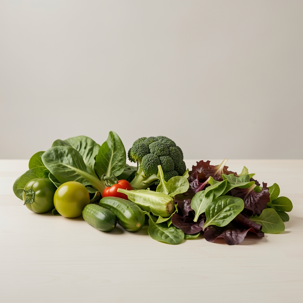 Sveže zeleno povrće i listovi salate na svetloj podlozi, dokumentarni neutralni kadar bez pozadine