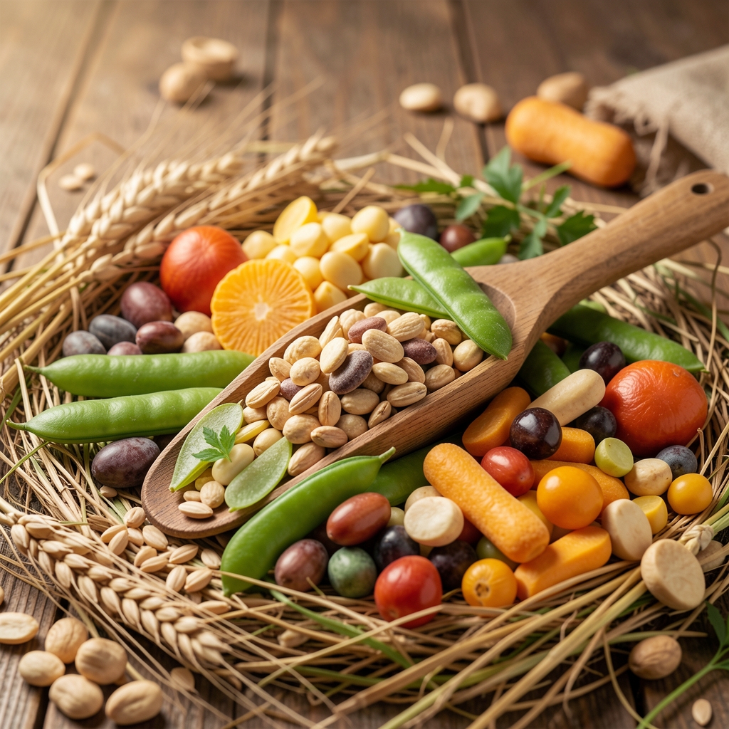 Žitarice i leguminoze posute na prirodnoj podlozi, stilizovana dokumentarna fotografija svakodnevnih namirnica
