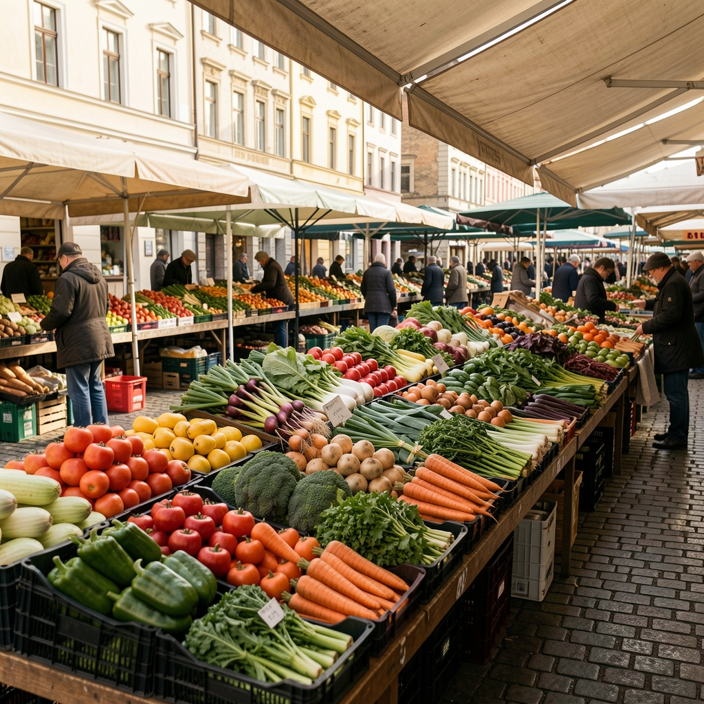 Tržnica sa svežim povrćem složenim u redove na otvorenom prostoru, dokumentarni arhivski kadar