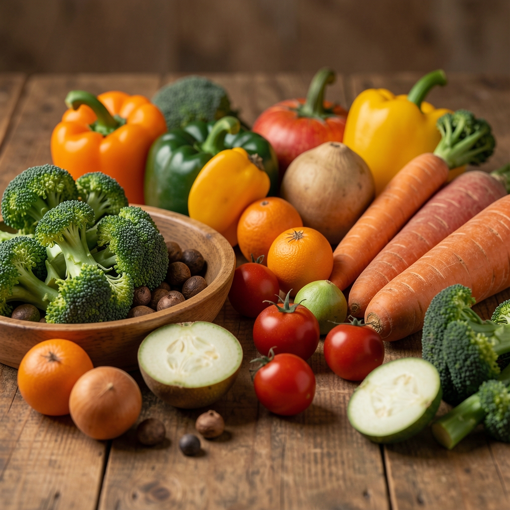 Bliska fotografija raznog povrća na drvenoj podlozi, nisko zasićeni tonovi, arhivski pristup