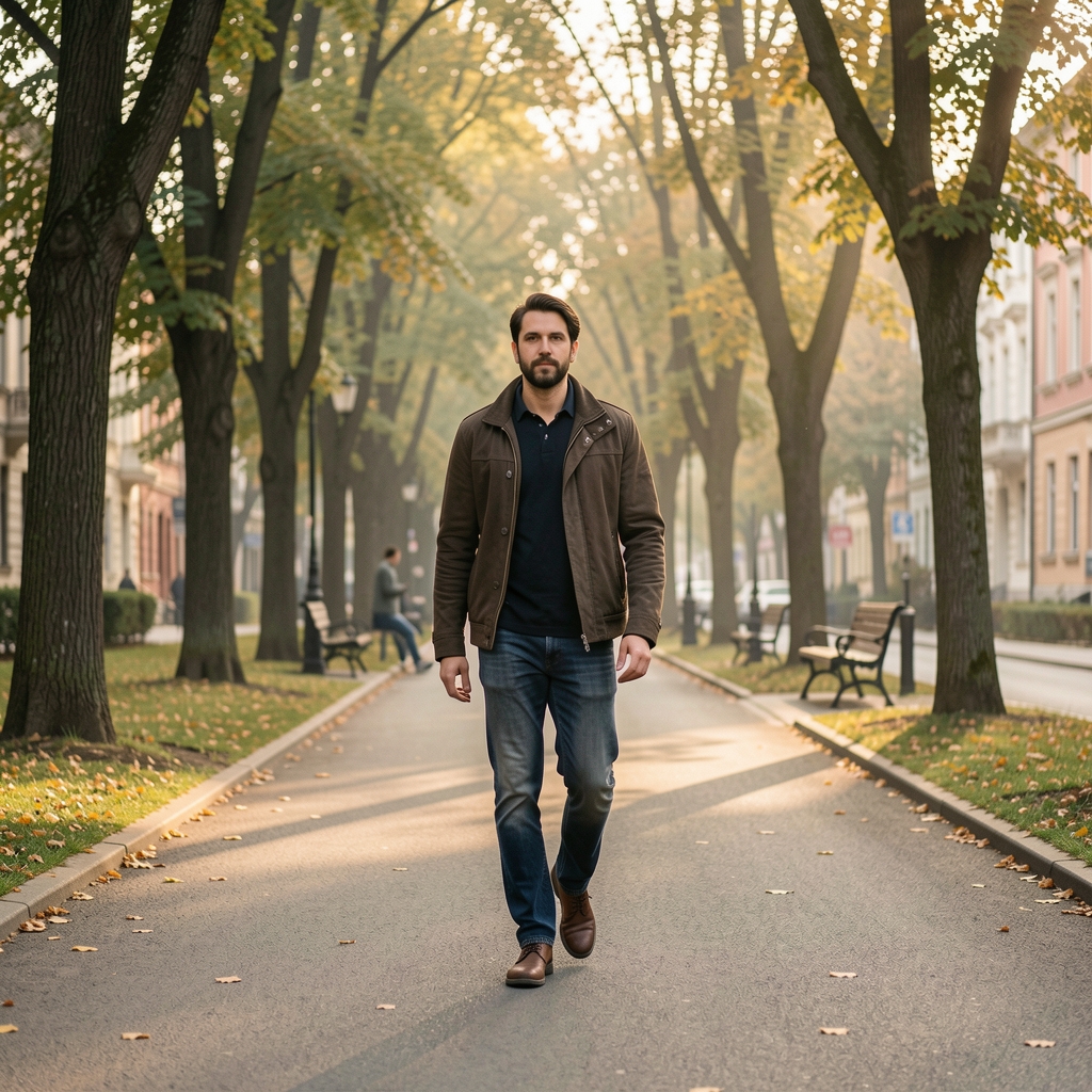 Čovek koji šeta ulicom parka u jutarnjim satima, neutralna dokumentarna fotografija svakodnevne rutine