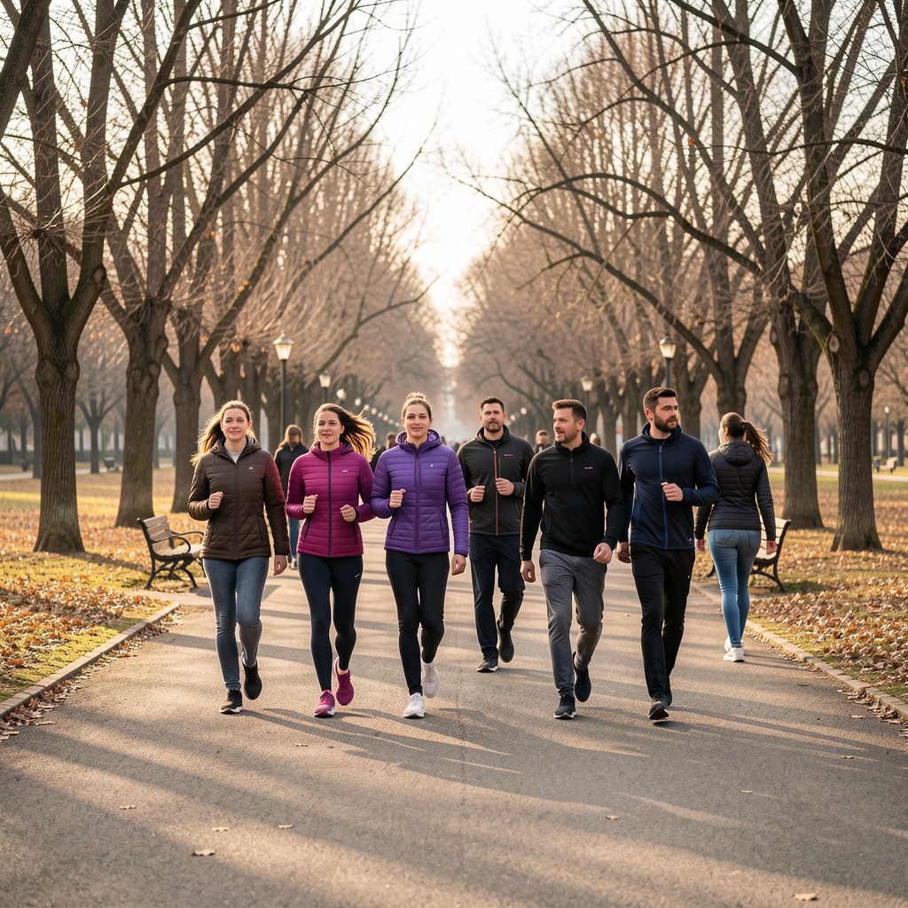 Grupa ljudi koji hodaju u parku po suvom vremenu, umerena fizička aktivnost na otvorenom, dokumentarni kadar